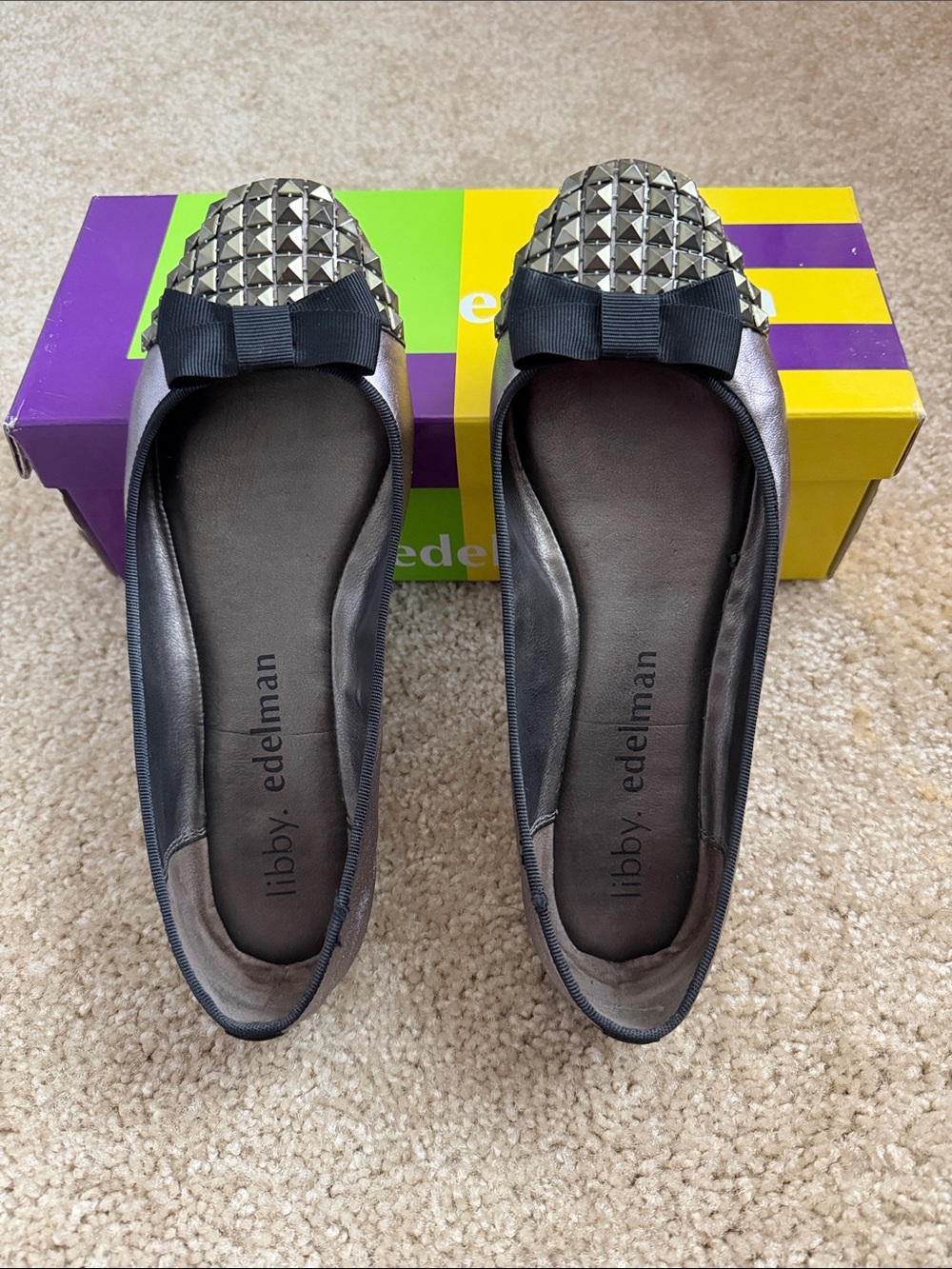 libby. edelman Alicia Ballet Flats with Studded Toe and Black Bow Pewter Leather